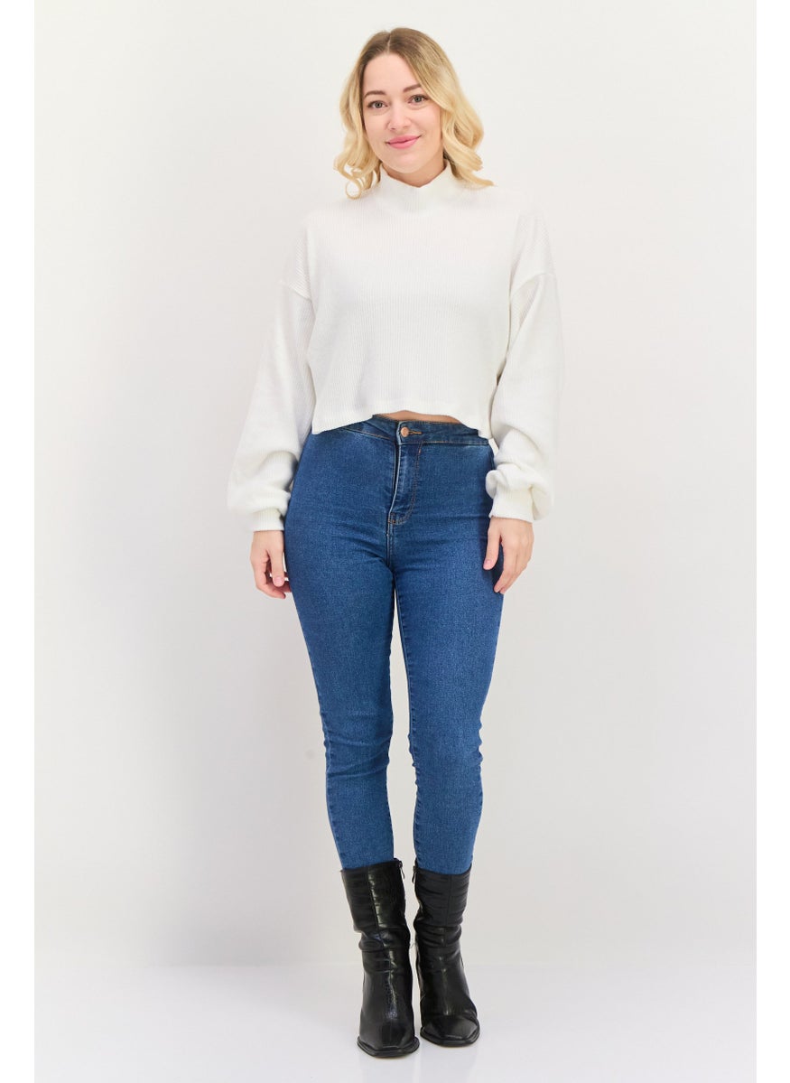 Bershka Women Crew Neck Textured Sweater, White  - Image 4