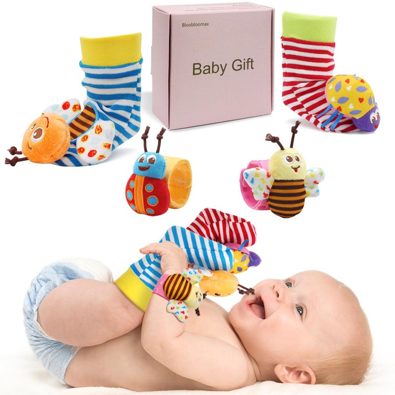 Bloobloomax Baby Rattles Toys For 0-12 Month  Infant Girl Boy Toys For Babies 3-6 Months  Newborn Hand & Foot Toys For 0 To 9 Months  Baby Shower Gifts Set With Wrist Rattle Socks (Pink-4Pcs) - Image 1