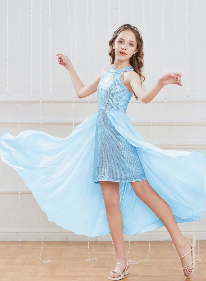GRACE KARIN Teen Girls Sequin Dress Blue Kids Fancy Formal Party Prom Sparkly Pageant Birthday Graduation Dresses Size 12-14 - Image 3