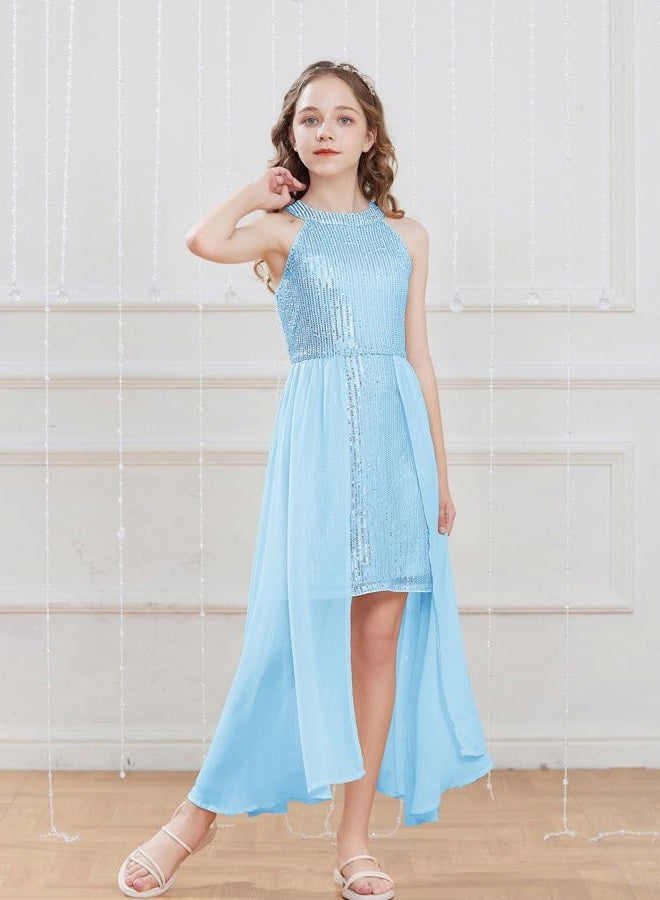 GRACE KARIN Teen Girls Sequin Dress Blue Kids Fancy Formal Party Prom Sparkly Pageant Birthday Graduation Dresses Size 12-14 - Image 5