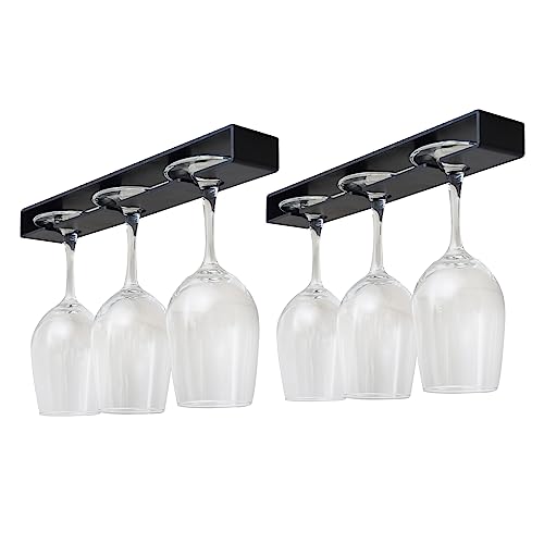 AQJUNONG Wine Glass Holder ， 2 Pack Wine Glass Rack, No Drilling Wine Glass Holder Under Cabinet, Hanging Stemware Rack Organizer Hanger for Bar and Kitchen Cabinet（Classic Black） - Image 1