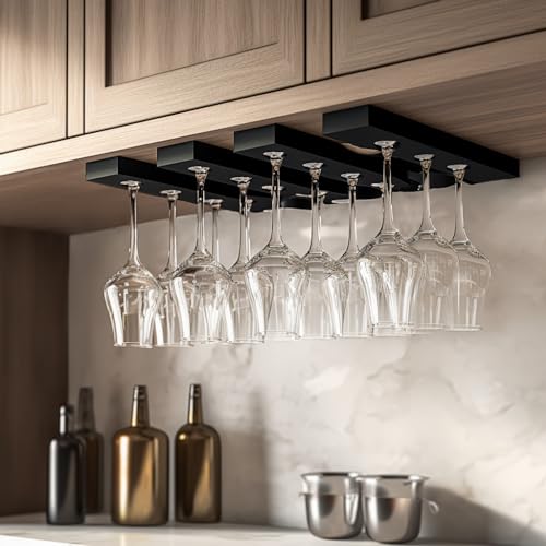 AQJUNONG Wine Glass Holder ， 2 Pack Wine Glass Rack, No Drilling Wine Glass Holder Under Cabinet, Hanging Stemware Rack Organizer Hanger for Bar and Kitchen Cabinet（Classic Black） - Image 2