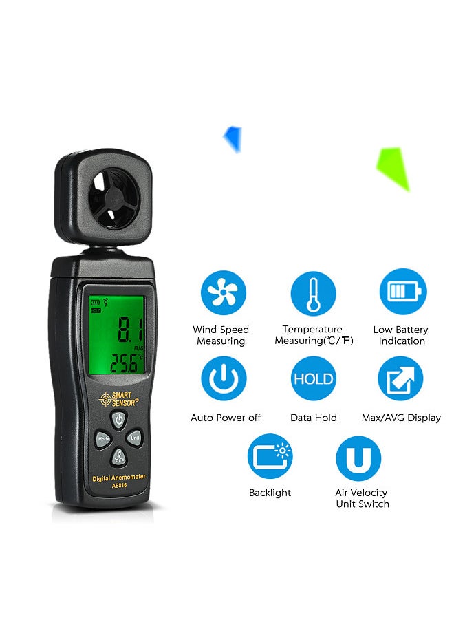 Mini Anemometer LCD Digital Wind Speed Meter Air Velocity Temperature Measuring with Backlight