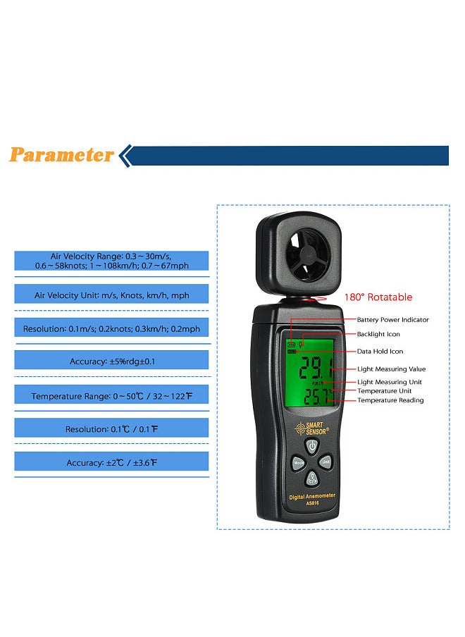 Mini Anemometer LCD Digital Wind Speed Meter Air Velocity Temperature Measuring with Backlight