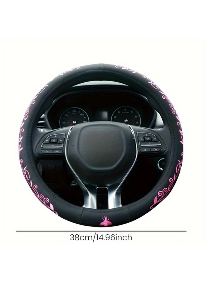 Luxury Faux Leather Steering Wheel Cover Golden Comfort Grip Anti Slip Design 360 Degree Coverage Elegant Floral Embroidery - Image 2