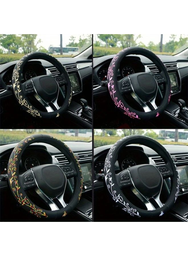 Luxury Faux Leather Steering Wheel Cover Golden Comfort Grip Anti Slip Design 360 Degree Coverage Elegant Floral Embroidery - Image 3