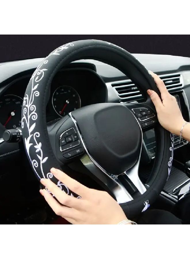 Luxury Faux Leather Steering Wheel Cover Golden Comfort Grip Anti Slip Design 360 Degree Coverage Elegant Floral Embroidery - Image 5