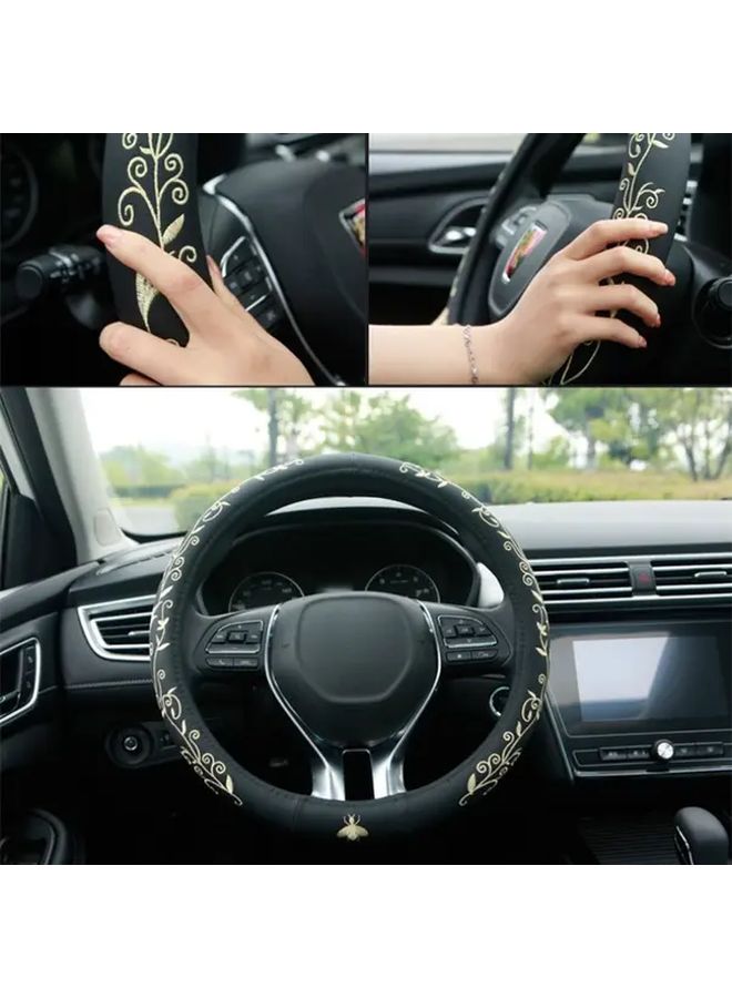Luxury Faux Leather Steering Wheel Cover Golden Comfort Grip Anti Slip Design 360 Degree Coverage Elegant Floral Embroidery - Image 4