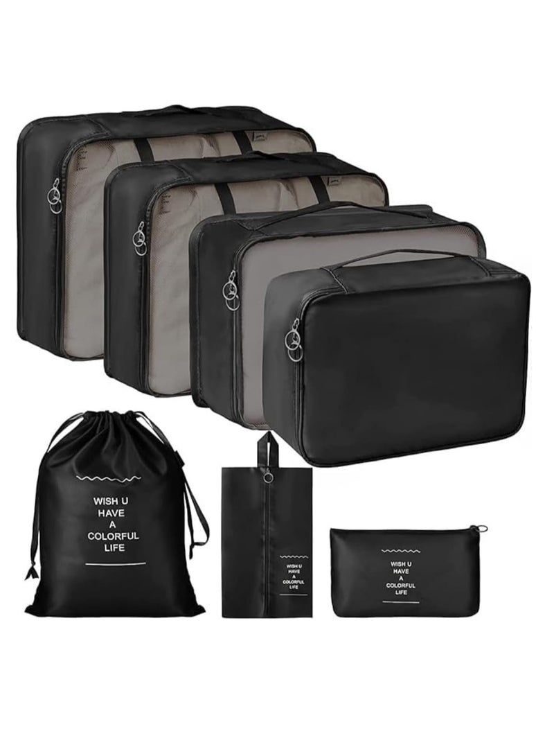 7-Piece Travel Bag Organizer in Various Sizes for Organizing Accessories and Clothes, Black - Image 1