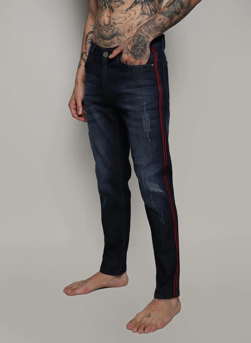 CAHOOT  Men's Navy Blue Pencil Side-Striped Denim Jeans for Men | Best Price UAE