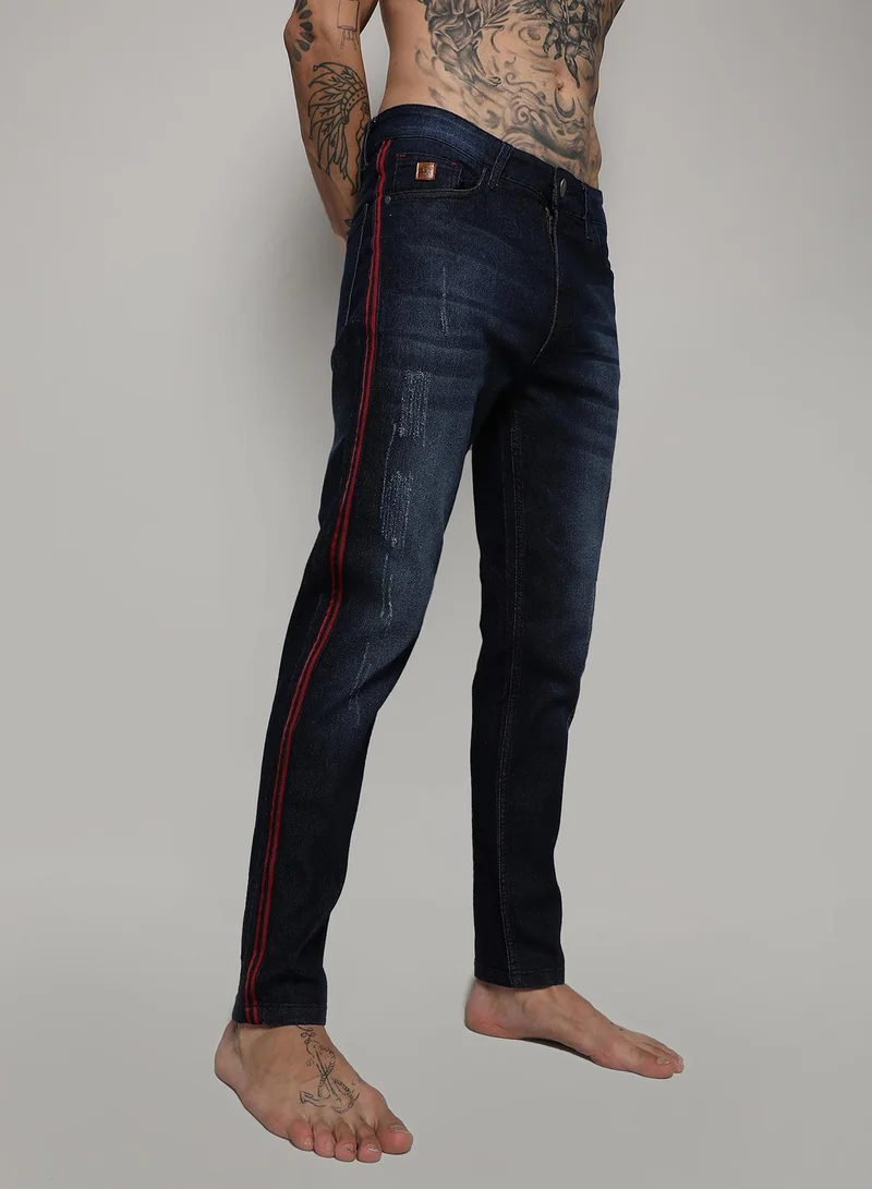 Men's Navy Blue Pencil Side-Striped Denim Jeans
