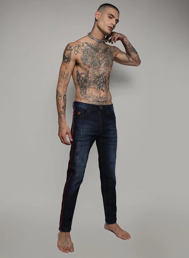 CAHOOT  Men's Navy Blue Pencil Side-Striped Denim Jeans for Men | Best Price UAE
