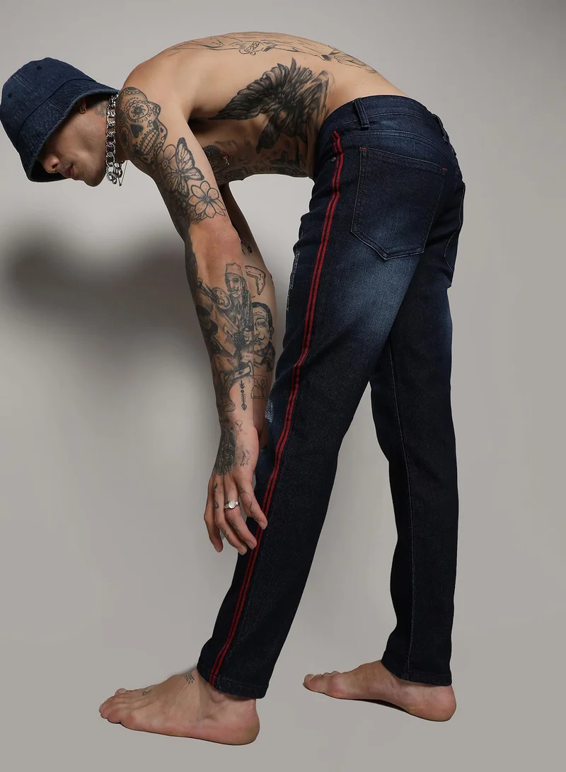 CAHOOT  Men's Navy Blue Pencil Side-Striped Denim Jeans for Men | Best Price UAE