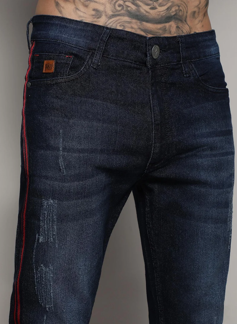 CAHOOT  Men's Navy Blue Pencil Side-Striped Denim Jeans for Men | Best Price UAE
