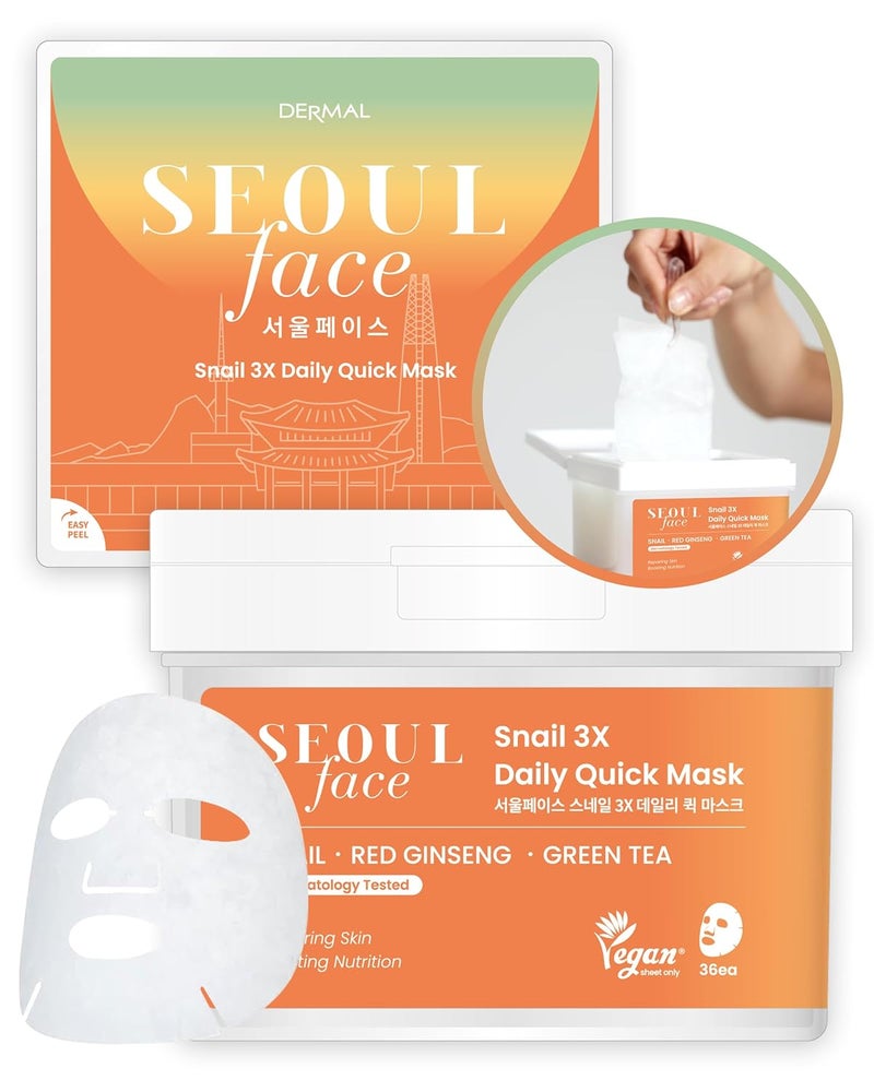 DERMAL Seoul Face Snail 3X Daily Quick Mask 36 Sheet  Korean Skincare Vegan Tencel Facial Masks  Skin Repairing Anti Aging Face Mask Sheets with Ginseng Root Green Tea Leaf Extract