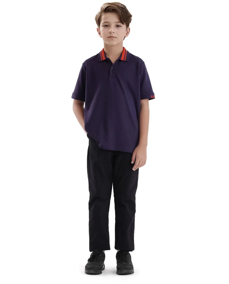 Rare Ones Rare Ones Kids Keef Dark Purple Cotton Fabric Short Sleeve Contrasting Collar Solid Polo