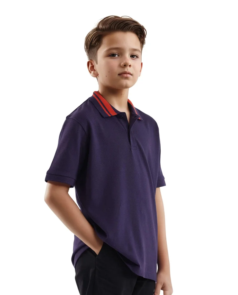 Rare Ones Rare Ones Kids Keef Dark Purple Cotton Fabric Short Sleeve Contrasting Collar Solid Polo
