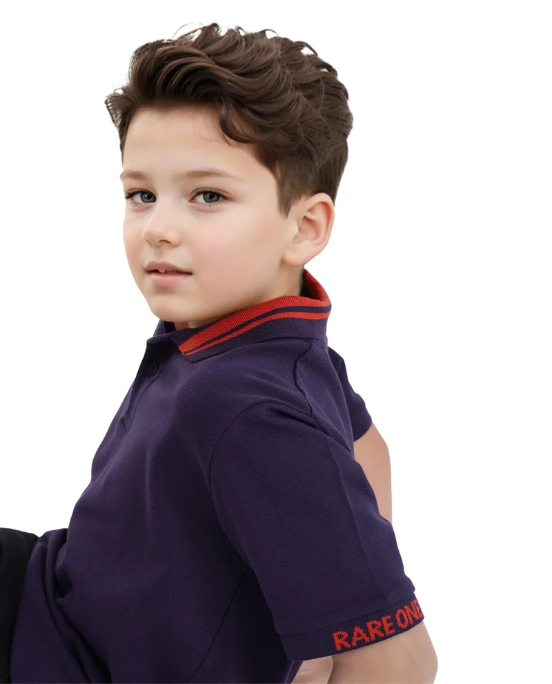 Rare Ones Rare Ones Kids Keef Dark Purple Cotton Fabric Short Sleeve Contrasting Collar Solid Polo