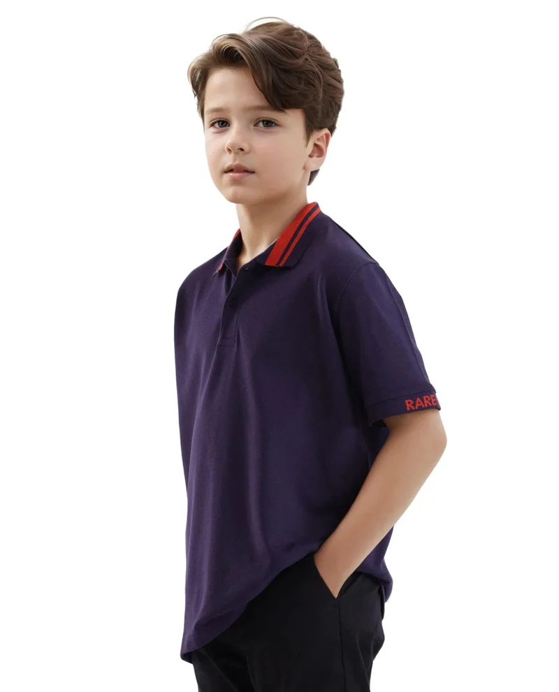 Rare Ones Rare Ones Kids Keef Dark Purple Cotton Fabric Short Sleeve Contrasting Collar Solid Polo