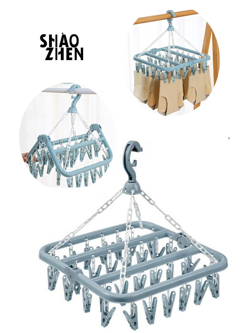 SHAOZHEN Sock Airer with 32 Clips, Indoor and Outdoor Clothes Hanging Airer, Folding Rotary Clothes Airer for Socks, Underwear and Small Clothes (Blue) - Image 1