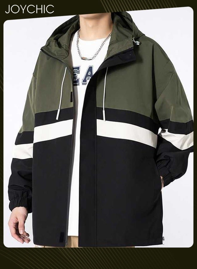 Joychic Classic Windbreaker Spring and Autumn Winter Men Work Jacket Casual Loose Hooded Zipper Windproof Coat Large Size Outdoor for Camping Climbing Black+Green  - Image 1