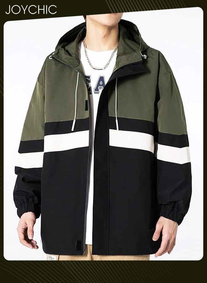 Joychic Classic Windbreaker Spring and Autumn Winter Men Work Jacket Casual Loose Hooded Zipper Windproof Coat Large Size Outdoor for Camping Climbing Black+Green  - Image 2