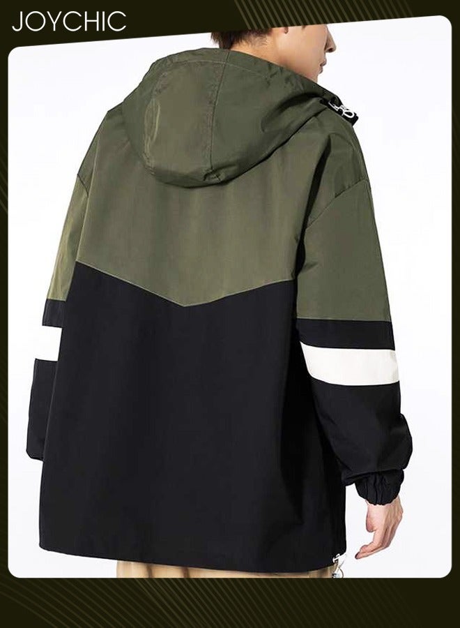 Joychic Classic Windbreaker Spring and Autumn Winter Men Work Jacket Casual Loose Hooded Zipper Windproof Coat Large Size Outdoor for Camping Climbing Black+Green  - Image 3