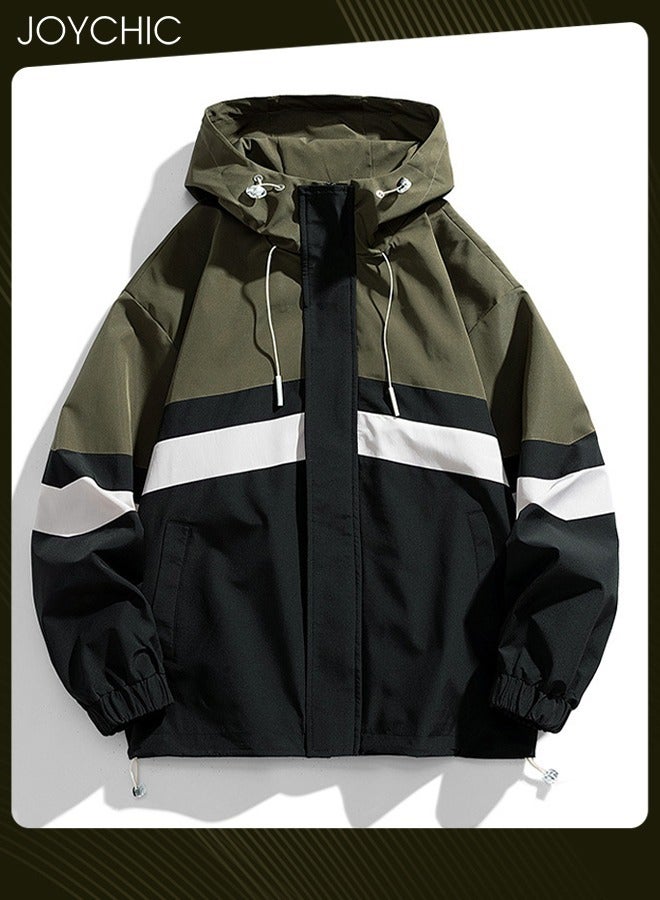Joychic Classic Windbreaker Spring and Autumn Winter Men Work Jacket Casual Loose Hooded Zipper Windproof Coat Large Size Outdoor for Camping Climbing Black+Green  - Image 4