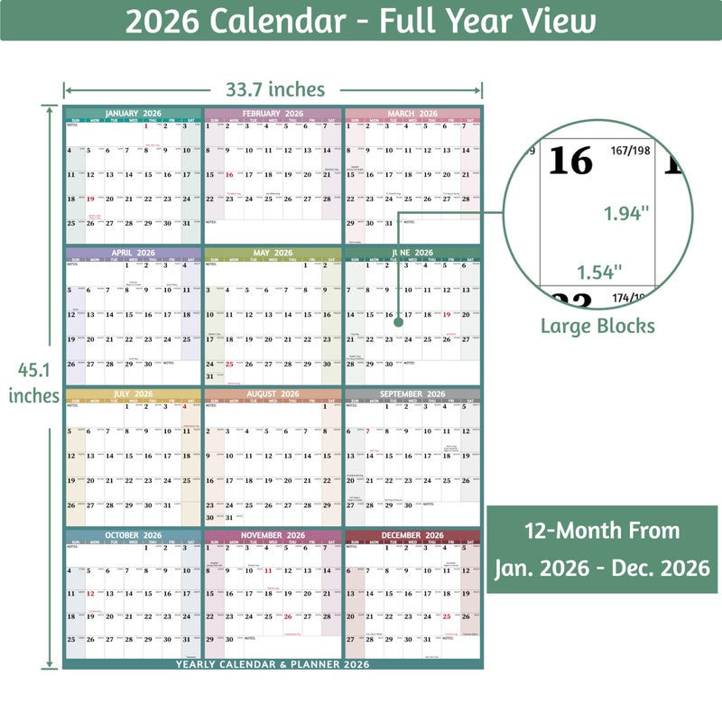 BowCuk Yearly Wall Calendar 2026 - Large Yearly Calendar 2026 Vetical, Jan 2026 - Dec 2026, 33.7" x 45.1" (Open), 2026 Calendar, Large Wall Calendar 2026, Full Year Paper Calendar with Notes, Thicker Paper, Multi - Image 4