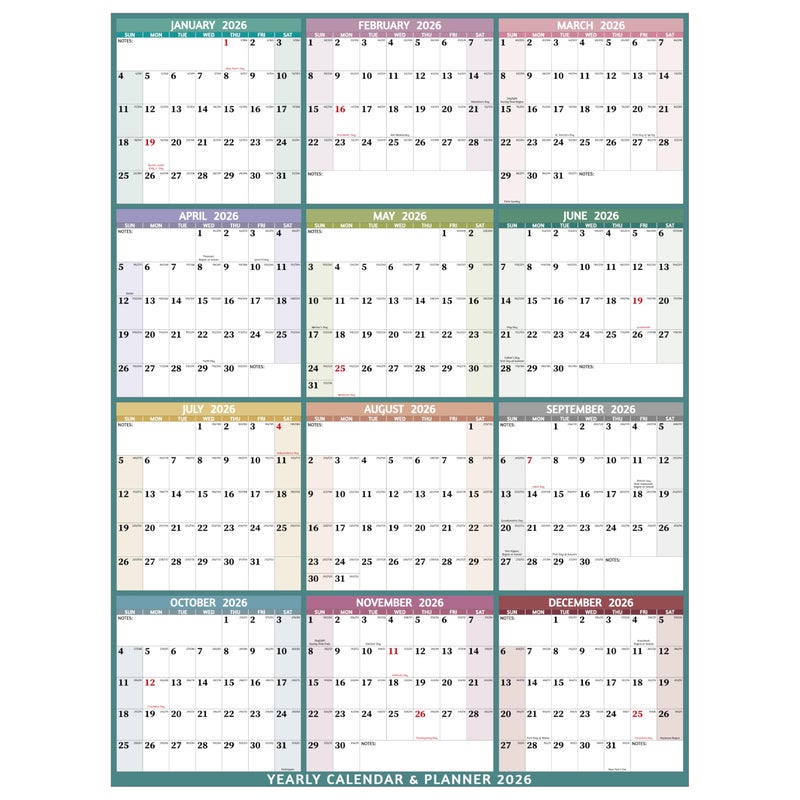 BowCuk Yearly Wall Calendar 2026 - Large Yearly Calendar 2026 Vetical, Jan 2026 - Dec 2026, 33.7" x 45.1" (Open), 2026 Calendar, Large Wall Calendar 2026, Full Year Paper Calendar with Notes, Thicker Paper, Multi - Image 1
