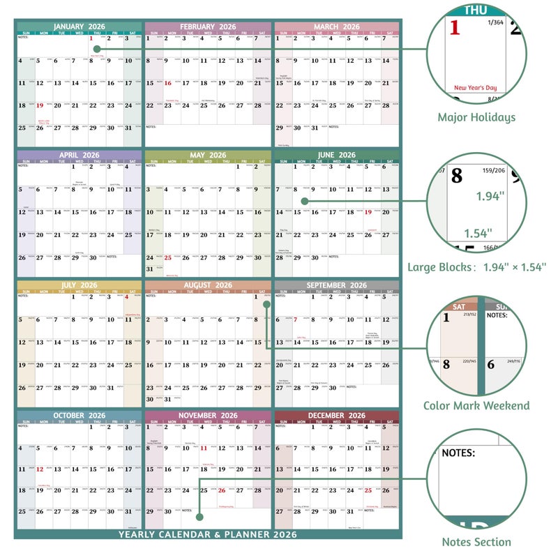 BowCuk Yearly Wall Calendar 2026 - Large Yearly Calendar 2026 Vetical, Jan 2026 - Dec 2026, 33.7" x 45.1" (Open), 2026 Calendar, Large Wall Calendar 2026, Full Year Paper Calendar with Notes, Thicker Paper, Multi - Image 3
