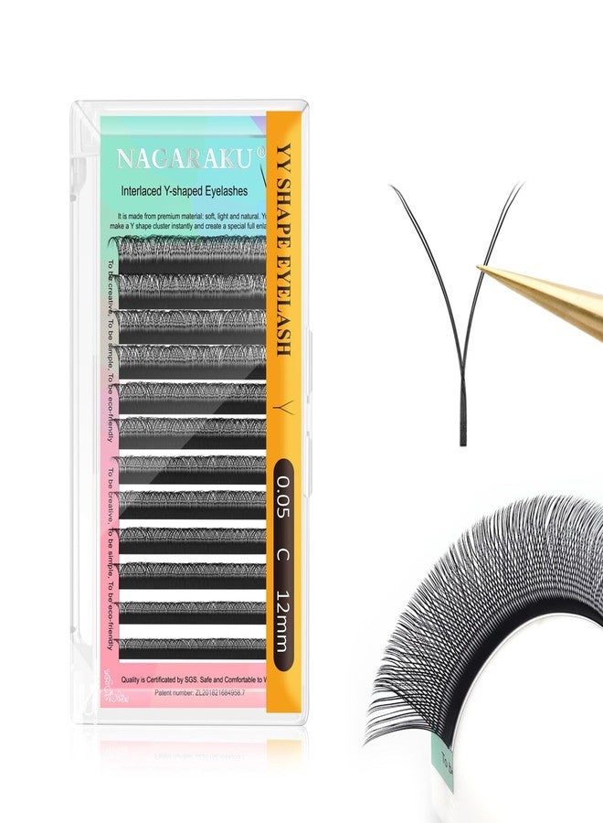 NAGARAKU Y Eyelash Extensions Supplies Y Lash Easy Fan Russian Volume Crisscross Eyelashes Handwoven Y Shaped Mesh Wispy Clusters 12 Rows Eye Lashes Matte Black (4D YY Lashes-Black-0.05 C, 12mm) - Image 1
