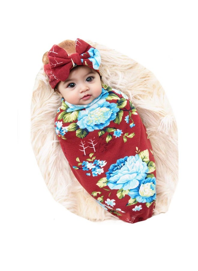Galabloomer Newborn Receiving Blanket Headband Set Baby Flower Rose Swaddle With Big Bow (Burgundy)  - Image 1