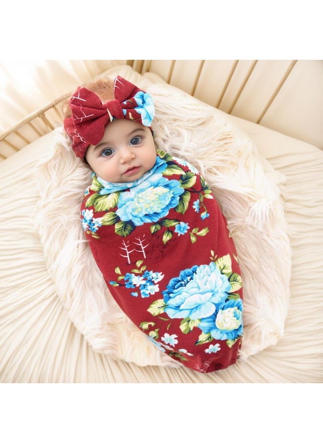 Galabloomer Newborn Receiving Blanket Headband Set Baby Flower Rose Swaddle With Big Bow (Burgundy)  - Image 2