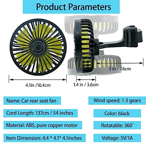 HASTHIP® USB Fan for Car Back Seat,Rotatable USB Fan with Cable,Headrest Mounted 5V Mini with 3 Speed Switch Controller for Baby Back Seat Passengers - Image 5