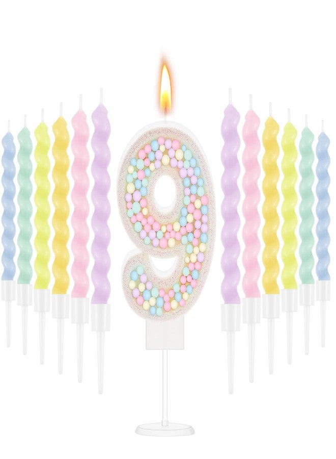 ميتلي شمعة عيد ميلاد MTLEE على شكل ماكارون لامعة ثلاثية الأبعاد على شكل رقم 9 مع 12 شمعة حلزونية بألوان قوس قزح في حوامل، لتزيين كعكة عيد ميلاد فتاة أو ولد، أو حفل زفاف، أو ذكرى زواج، أو حفلة ذات طابع حلوى باستيل (رقم 9). - Image 1
