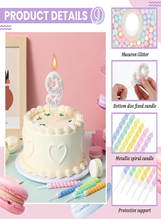 ميتلي شمعة عيد ميلاد MTLEE على شكل ماكارون لامعة ثلاثية الأبعاد على شكل رقم 9 مع 12 شمعة حلزونية بألوان قوس قزح في حوامل، لتزيين كعكة عيد ميلاد فتاة أو ولد، أو حفل زفاف، أو ذكرى زواج، أو حفلة ذات طابع حلوى باستيل (رقم 9). - Image 3