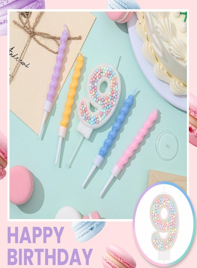 ميتلي شمعة عيد ميلاد MTLEE على شكل ماكارون لامعة ثلاثية الأبعاد على شكل رقم 9 مع 12 شمعة حلزونية بألوان قوس قزح في حوامل، لتزيين كعكة عيد ميلاد فتاة أو ولد، أو حفل زفاف، أو ذكرى زواج، أو حفلة ذات طابع حلوى باستيل (رقم 9). - Image 4