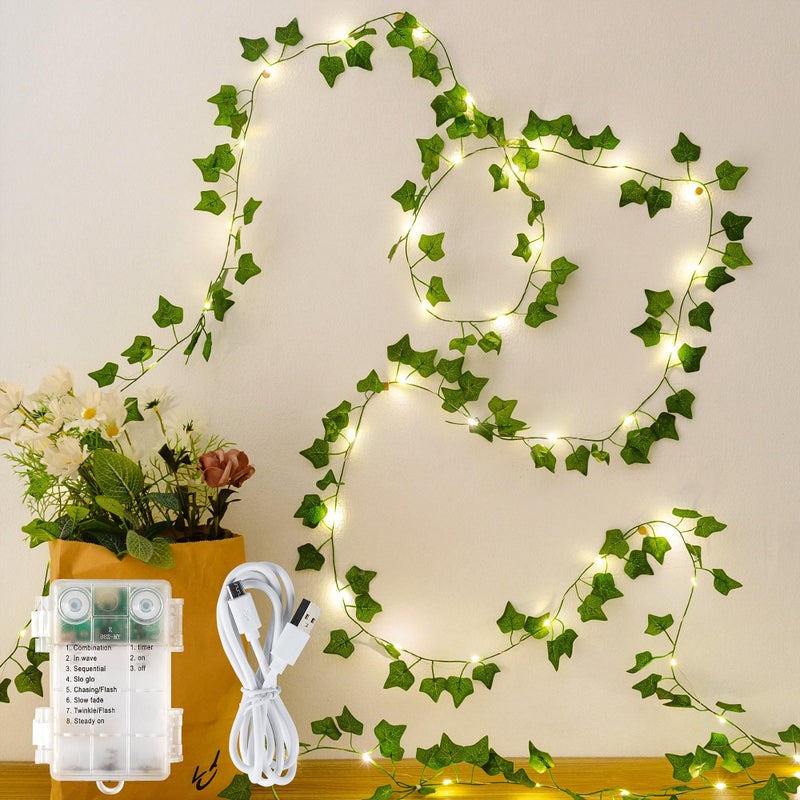 HEYFUNi Fake Ivy Vines with Lights, 23 Ft 73 Led Artificial Greenery Garland with Fairy Lights USB/Battery Operated, Leaf String Lights for Bedroom Aesthetic, Wall, Balcony, Wedding Decor, Warm White - Image 1