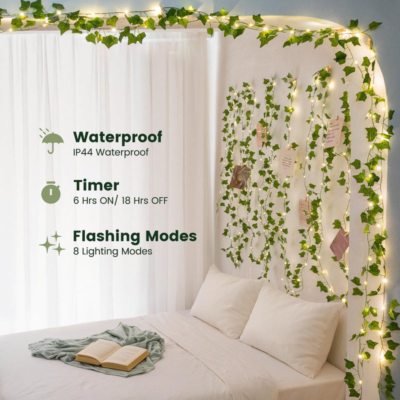 HEYFUNi Fake Ivy Vines with Lights, 23 Ft 73 Led Artificial Greenery Garland with Fairy Lights USB/Battery Operated, Leaf String Lights for Bedroom Aesthetic, Wall, Balcony, Wedding Decor, Warm White - Image 4