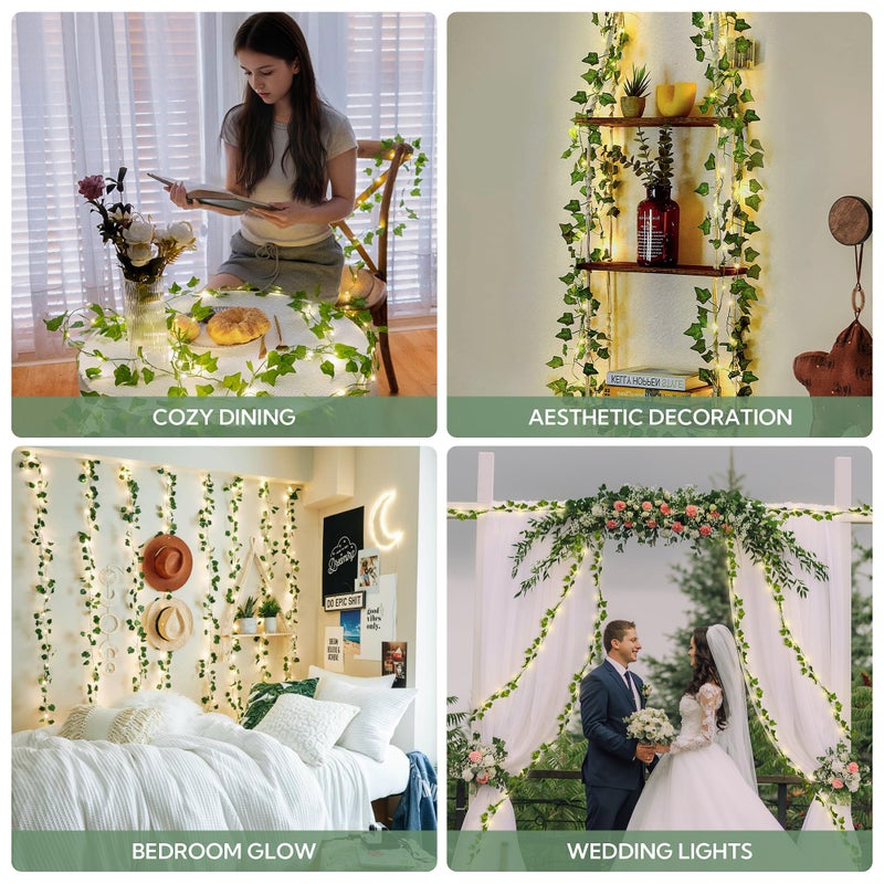 HEYFUNi Fake Ivy Vines with Lights, 23 Ft 73 Led Artificial Greenery Garland with Fairy Lights USB/Battery Operated, Leaf String Lights for Bedroom Aesthetic, Wall, Balcony, Wedding Decor, Warm White - Image 2