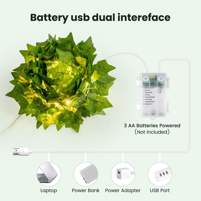 HEYFUNi Fake Ivy Vines with Lights, 23 Ft 73 Led Artificial Greenery Garland with Fairy Lights USB/Battery Operated, Leaf String Lights for Bedroom Aesthetic, Wall, Balcony, Wedding Decor, Warm White - Image 3