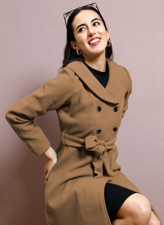 Athena معطف مزدوج الصدر بياقة شال بني للنساء - Image 2
