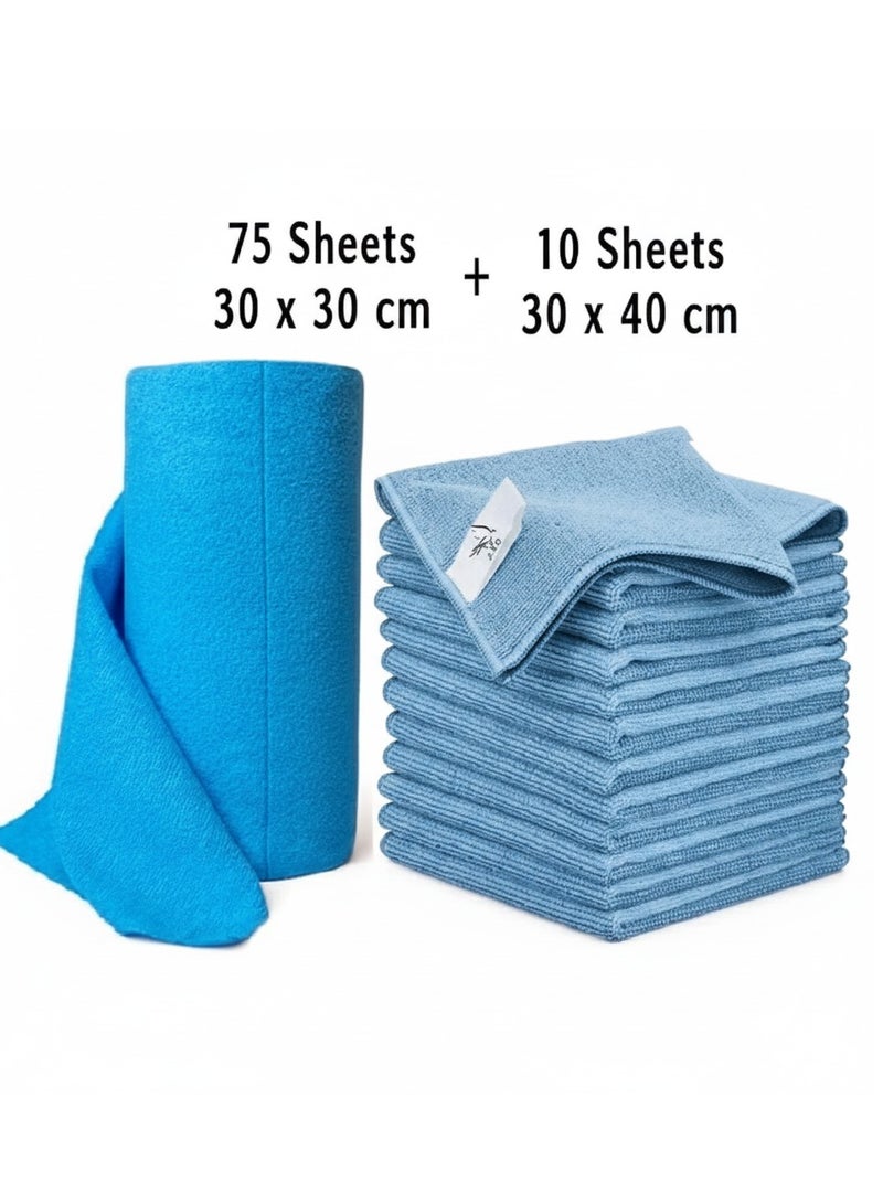 20 20 Planet CARE EVERYDAY Microfiber Cleaning Cloths, Rags Kitchen Towel Dish, Car Wash Kit, Windows, Surface, Bathroom, Absorbent Reusable, All Purpose, Cleaning Supplies - 30 x 40 cm – Blue (Pack of 10) + (75 Sheets Roll) - Image 1