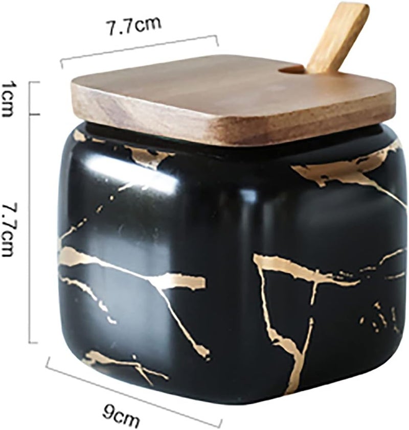 JFFLYIT 2 Sets of Marble Ceramic Sugar Bowl Ceramic Seasoning Jars with Wooden Lid and Wooden Spoon(Black) - Image 3