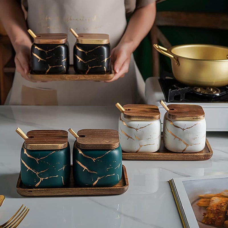 JFFLYIT 2 Sets of Marble Ceramic Sugar Bowl Ceramic Seasoning Jars with Wooden Lid and Wooden Spoon(Black) - Image 2