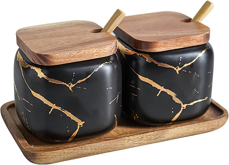 JFFLYIT 2 Sets of Marble Ceramic Sugar Bowl Ceramic Seasoning Jars with Wooden Lid and Wooden Spoon(Black) - Image 1