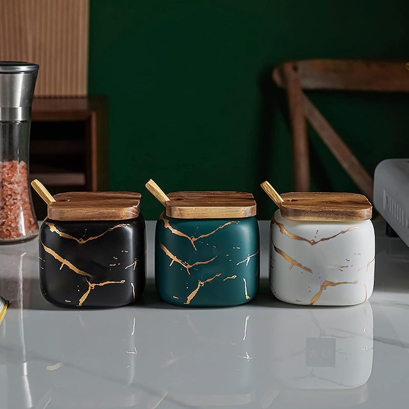 JFFLYIT 2 Sets of Marble Ceramic Sugar Bowl Ceramic Seasoning Jars with Wooden Lid and Wooden Spoon(Black) - Image 5