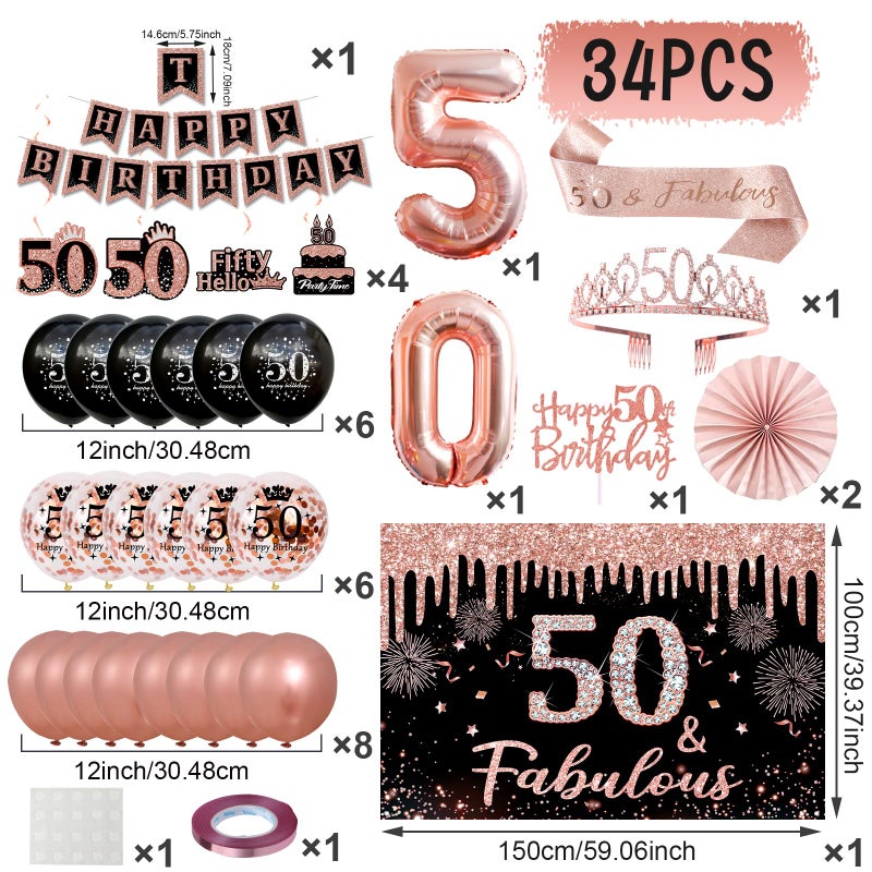 QIFU 50th Birthday Decorations for Women - 34pcs Black Rose Gold Birthday Party Decor Include Happy 50th Birthday Banner 50 Years Old Crown Sash Backdrop Balloons Cake Topper Hanging Swirls Paper Fans - Image 3