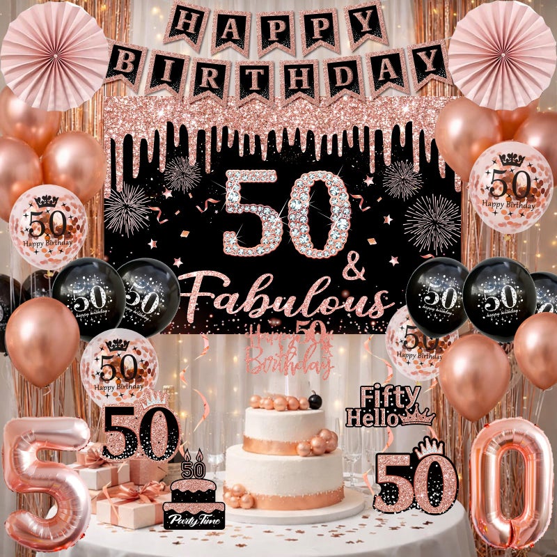QIFU 50th Birthday Decorations for Women - 34pcs Black Rose Gold Birthday Party Decor Include Happy 50th Birthday Banner 50 Years Old Crown Sash Backdrop Balloons Cake Topper Hanging Swirls Paper Fans - Image 5
